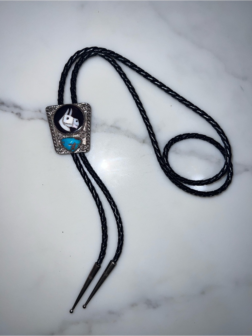 Native American Zuni Mike Simplicio Signed Sterling Turquoise Horse Bolo Tie